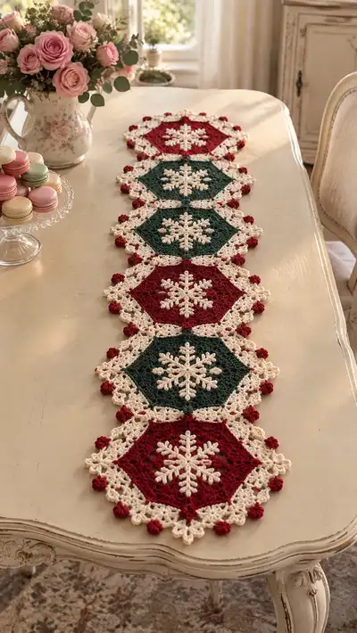 Crimson And Forest Green Snowflake Table Runner Pattern step 1 - construction progress