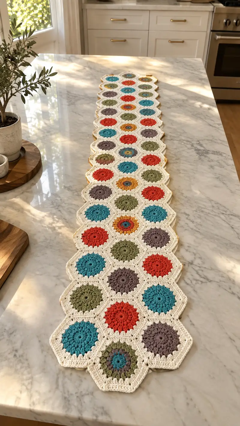 Hexagon Flower Table Runner Pattern crochet pattern - detailed view of completed project