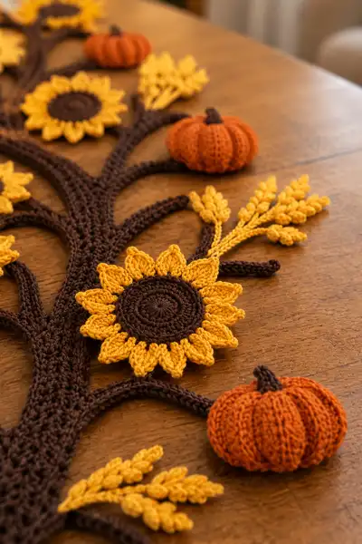 Sunflower and Wheat Tree Table Runner Pattern step 2 - assembly progress