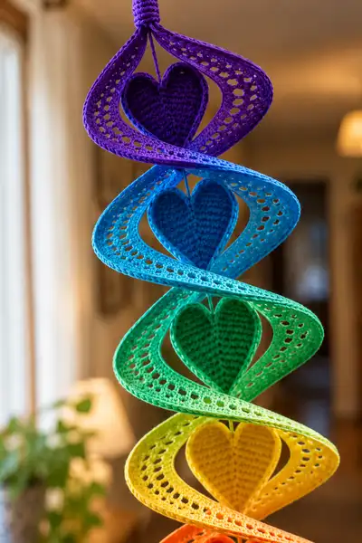 Rainbow Heart Spiral Hanging Mobile Pattern step 2 - assembly progress