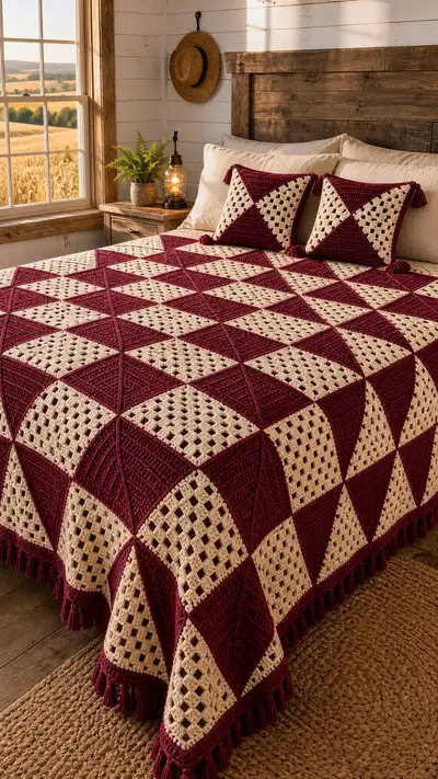 Burgundy Cream Checkerboard Granny Bedspread Pattern step 1 - construction progress