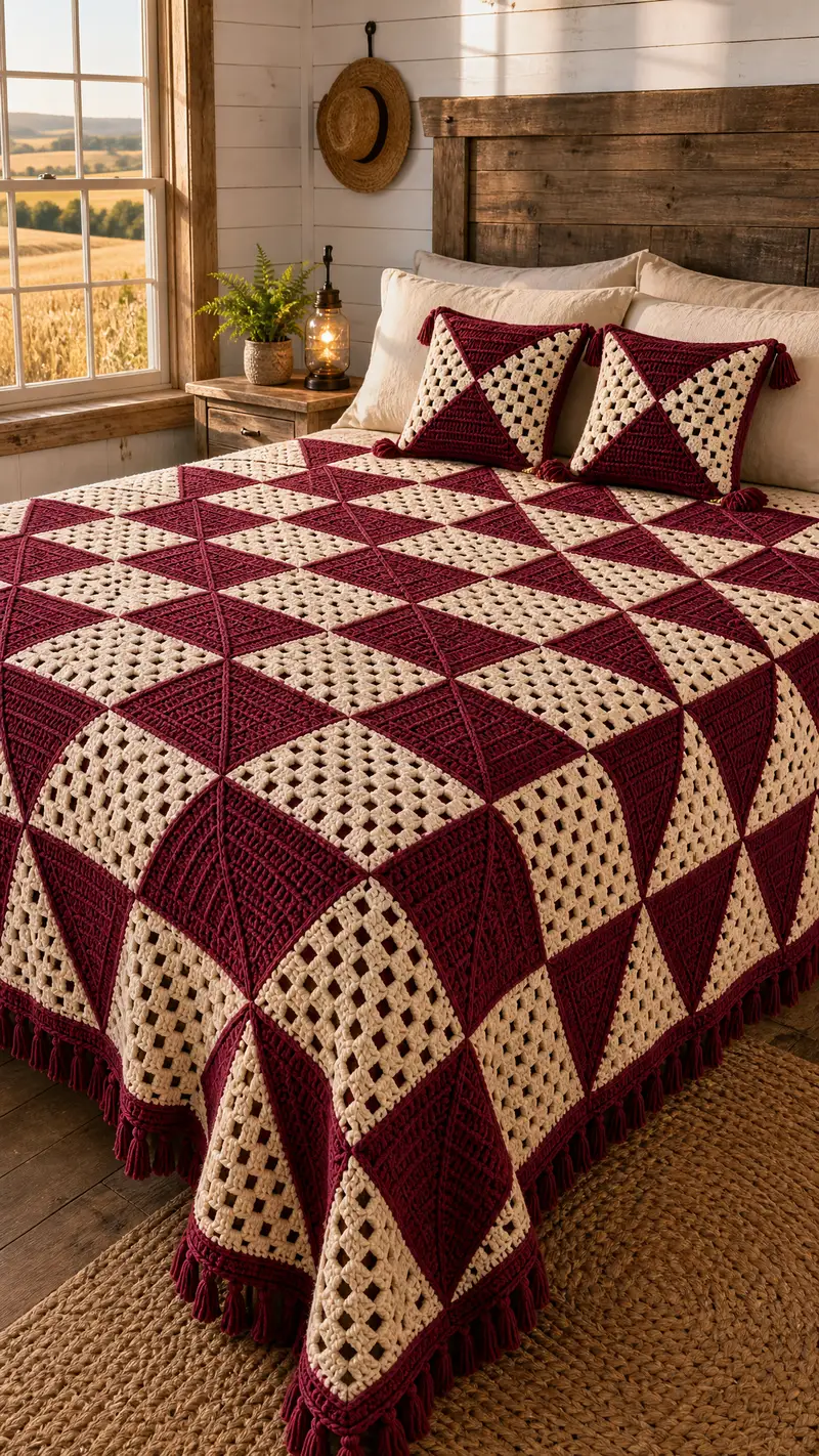 Burgundy Cream Checkerboard Granny Bedspread Pattern crochet pattern - detailed view of completed project