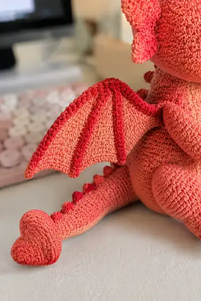 Big Soft Coral Love Dragon with a Heart Tail Tip Amigurumi Pattern step 2 - assembly progress