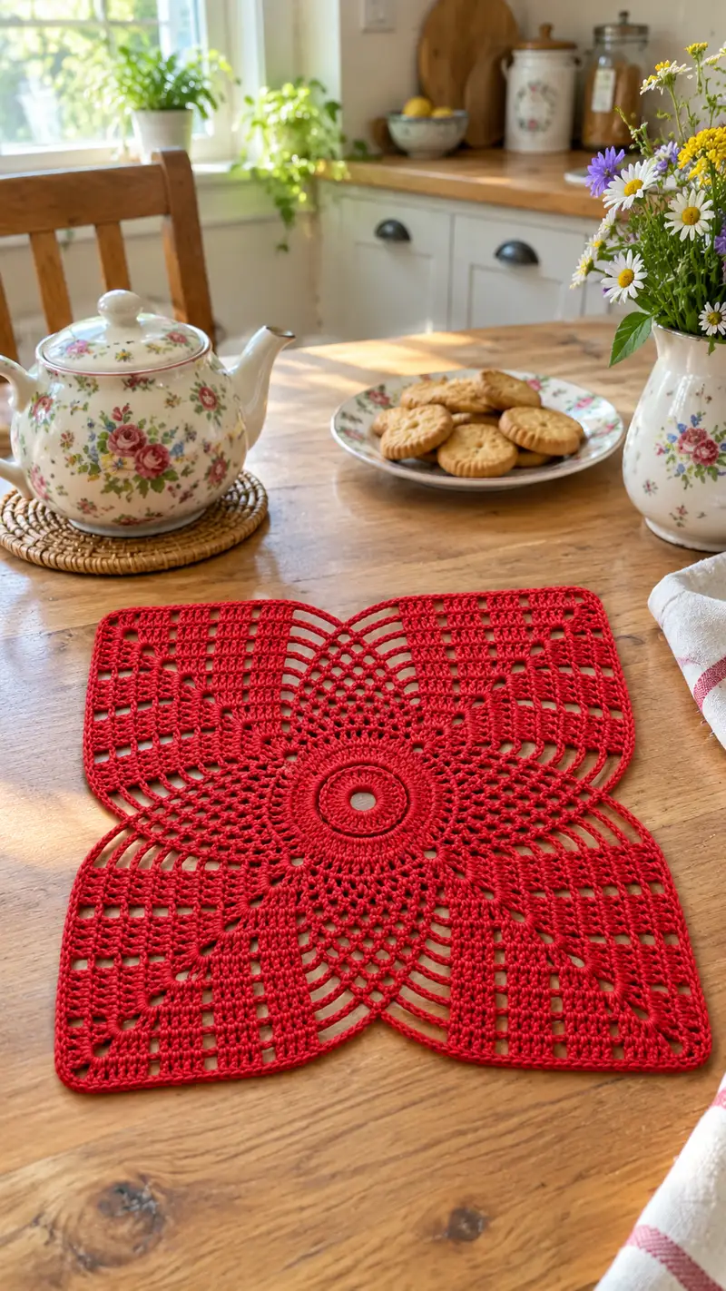 Vintage-Inspired Red Lace Centerpiece Pattern crochet pattern - detailed view of completed project