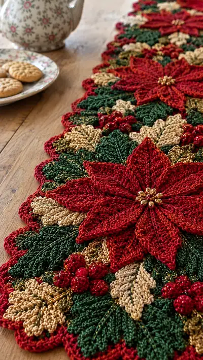 Festive Poinsettia Table Runner Pattern step 2 - assembly progress