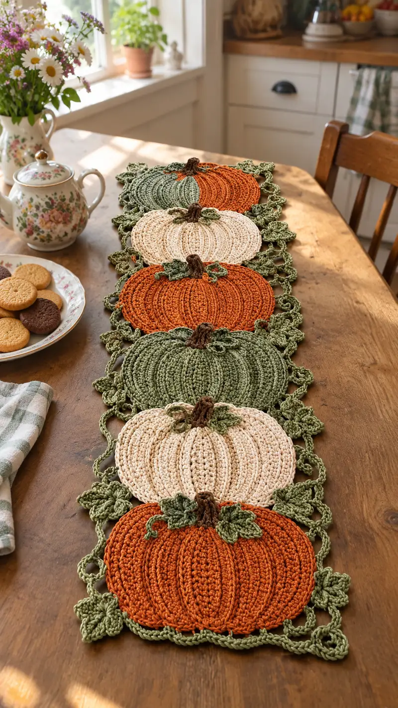 Pumpkin Patch Table Runner Pattern crochet pattern - detailed view of completed project