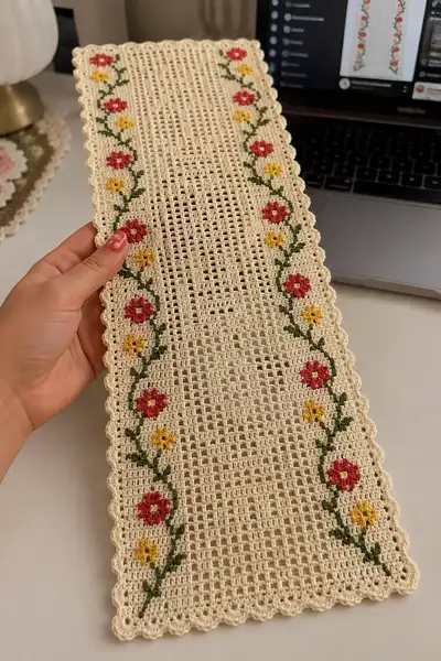 Cream Filet Lace Table Runner with Red and Yellow Flower Vines Pattern step 1 - construction progress