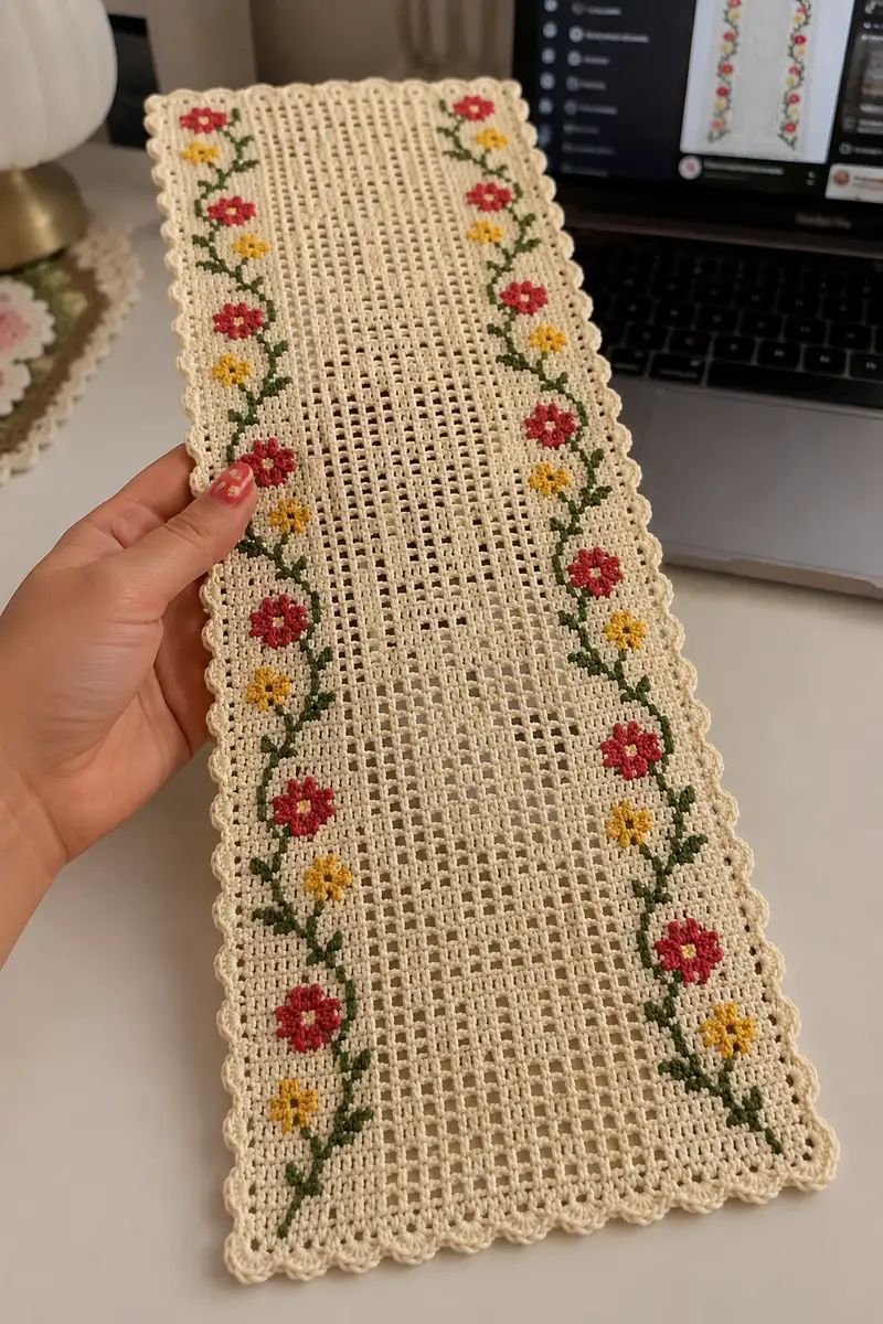Cream Filet Lace Table Runner with Red and Yellow Flower Vines Pattern crochet pattern - detailed view of completed project