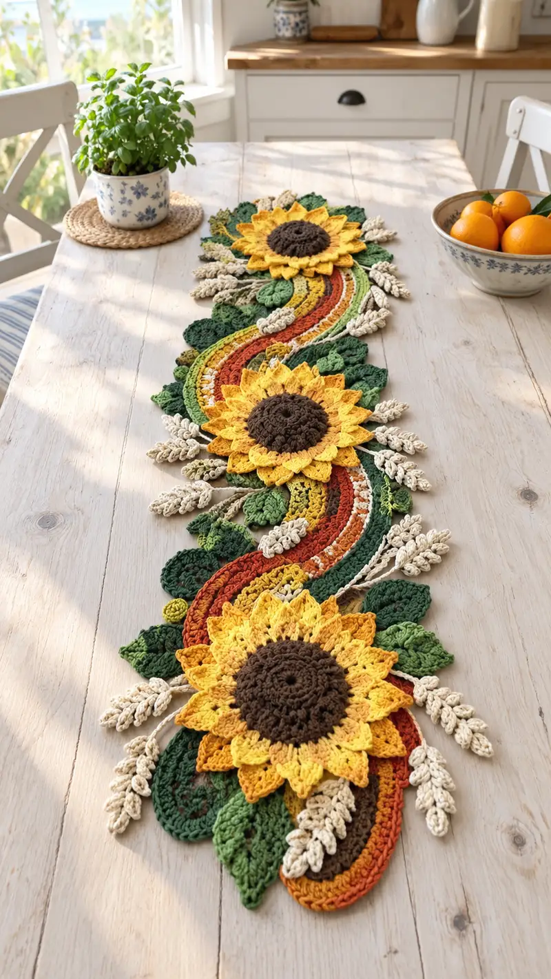 Sunflower Meadow Table Runner Pattern crochet pattern - detailed view of completed project