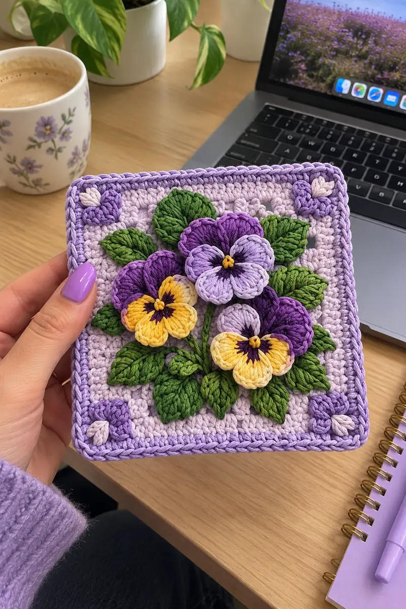 Velvet Violet Pansy Granny Square Bedspread Pattern crochet pattern - detailed view of completed project