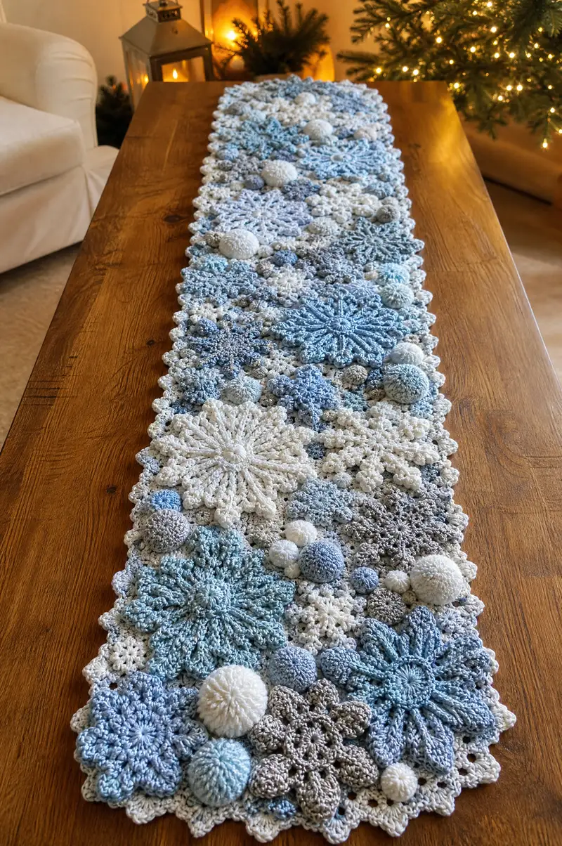 Long Snowflake and Bobble Winter Table Runner Pattern crochet pattern - detailed view of completed project