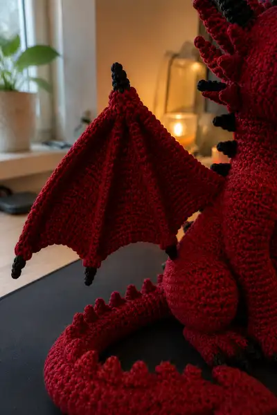 Crimson Dragon Plush Amigurumi Pattern step 2 - assembly progress