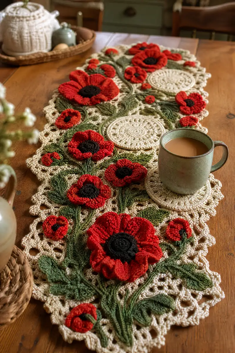 Poppy Field Crochet Table Runner Pattern crochet pattern - detailed view of completed project