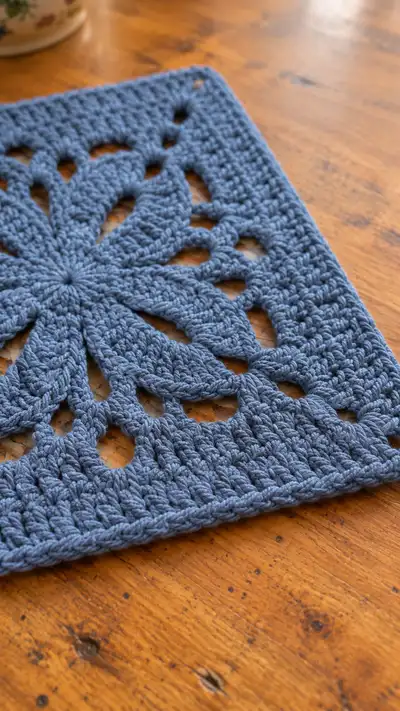 Blue Floral Square Trivet Pattern step 2 - assembly progress
