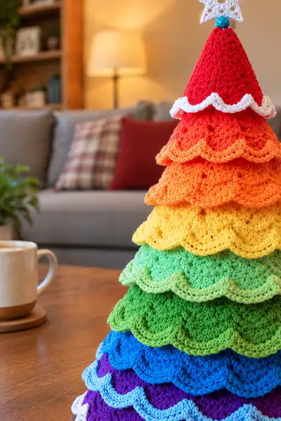 Rainbow Ombre Ripple Christmas Tree Pattern step 2 - assembly progress