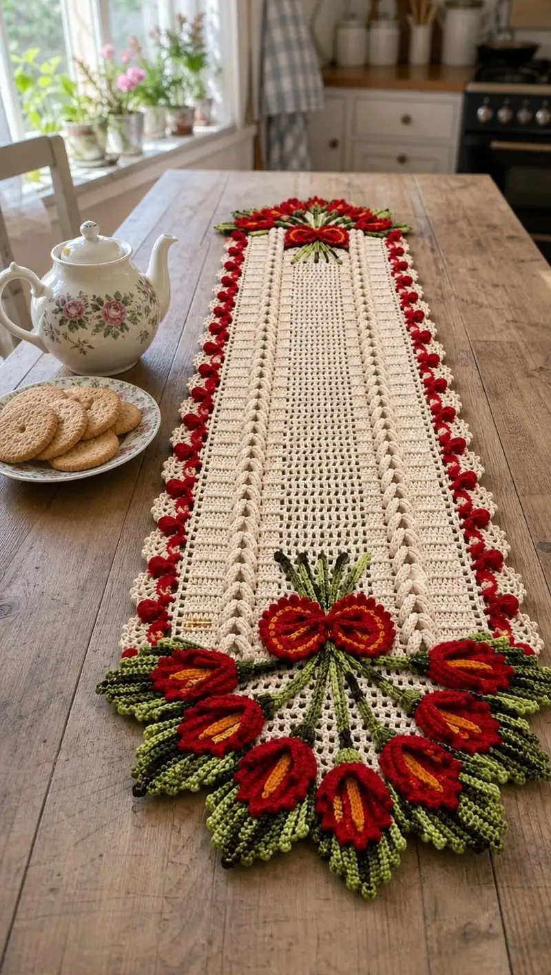 Vintage Tulip Table Runner Pattern crochet pattern - detailed view of completed project