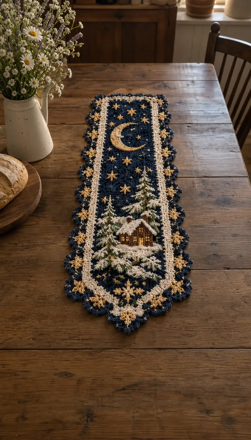 Navy And Cream Moonlit Cabin Table Runner Pattern crochet pattern - detailed view of completed project