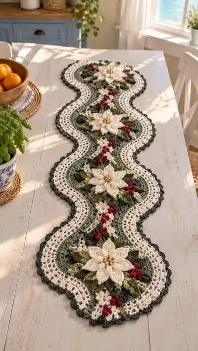 Cream Poinsettia Forest Green Table Runner Pattern step 1 - construction progress