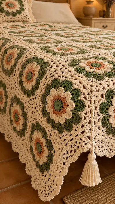 Olive Blossom Granny Square Bedspread Pattern step 2 - assembly progress