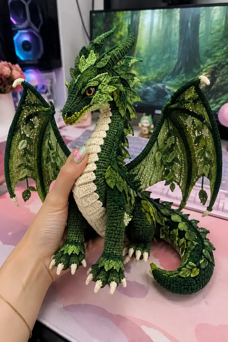 Giant Emerald Forest Dragon Amigurumi Pattern crochet pattern - detailed view of completed project