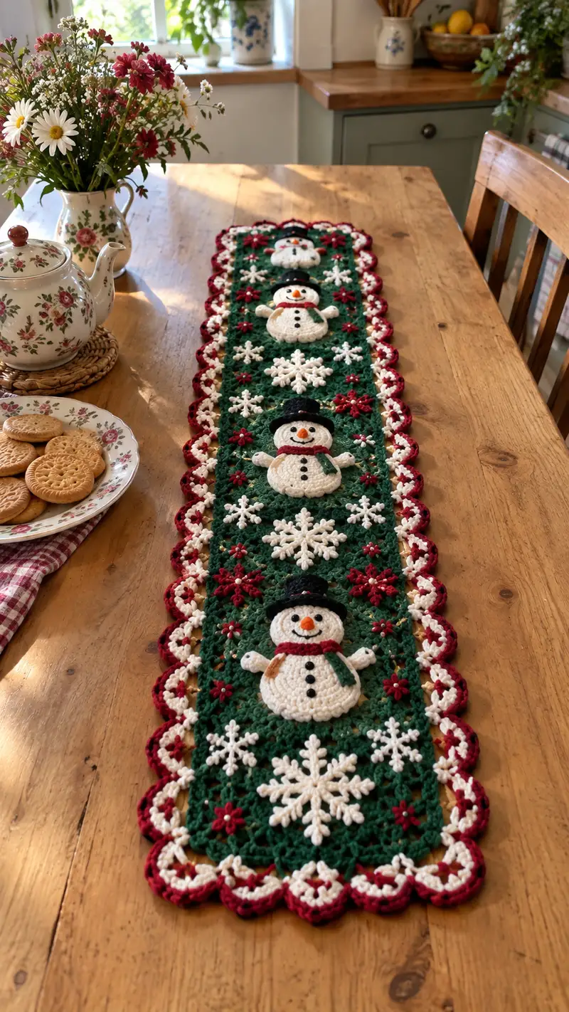 Festive Snowman Table Runner Pattern crochet pattern - detailed view of completed project