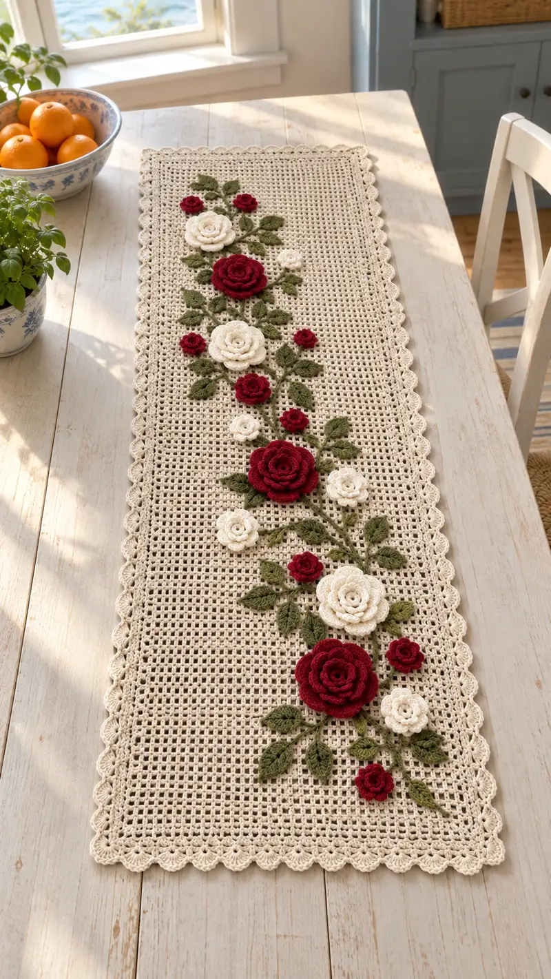 Elegant Rose Garden Table Runner Pattern crochet pattern - detailed view of completed project