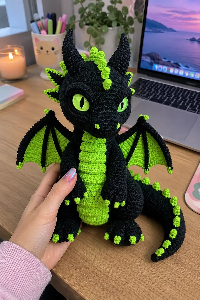 Neon Spine Dragon Amigurumi Pattern crochet pattern - detailed view of completed project