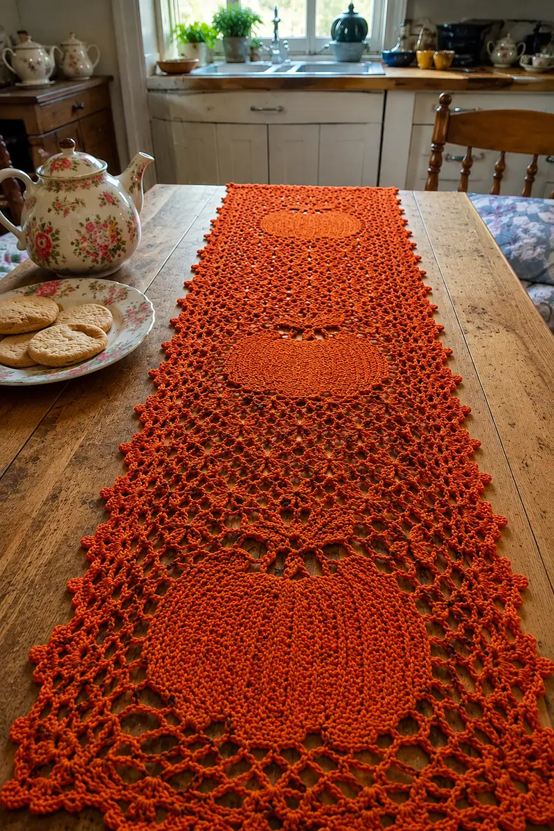 Elegant Pumpkin Lace Table Runner Pattern crochet pattern - detailed view of completed project