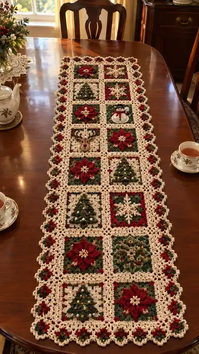 Burgundy Green Poinsettia Christmas Table Runner Pattern step 1 - construction progress