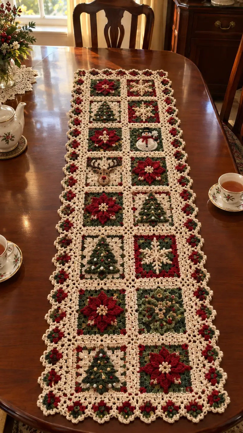 Burgundy Green Poinsettia Christmas Table Runner Pattern crochet pattern - detailed view of completed project