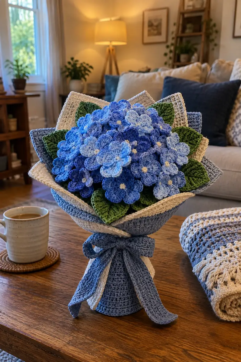 Blue Hydrangea Crochet Bouquet Pattern crochet pattern - detailed view of completed project