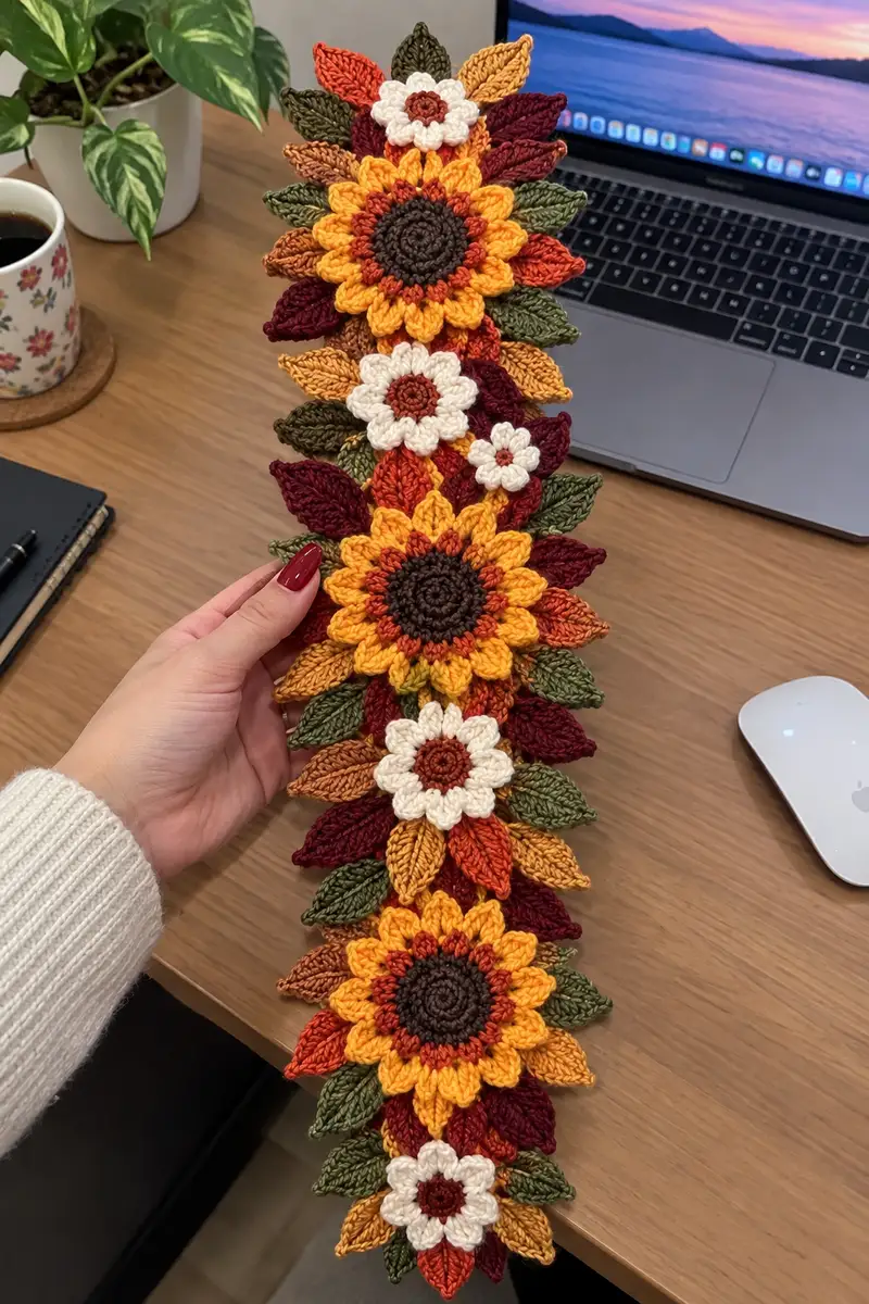 Autumn Sunflower Garland Pattern crochet pattern - detailed view of completed project