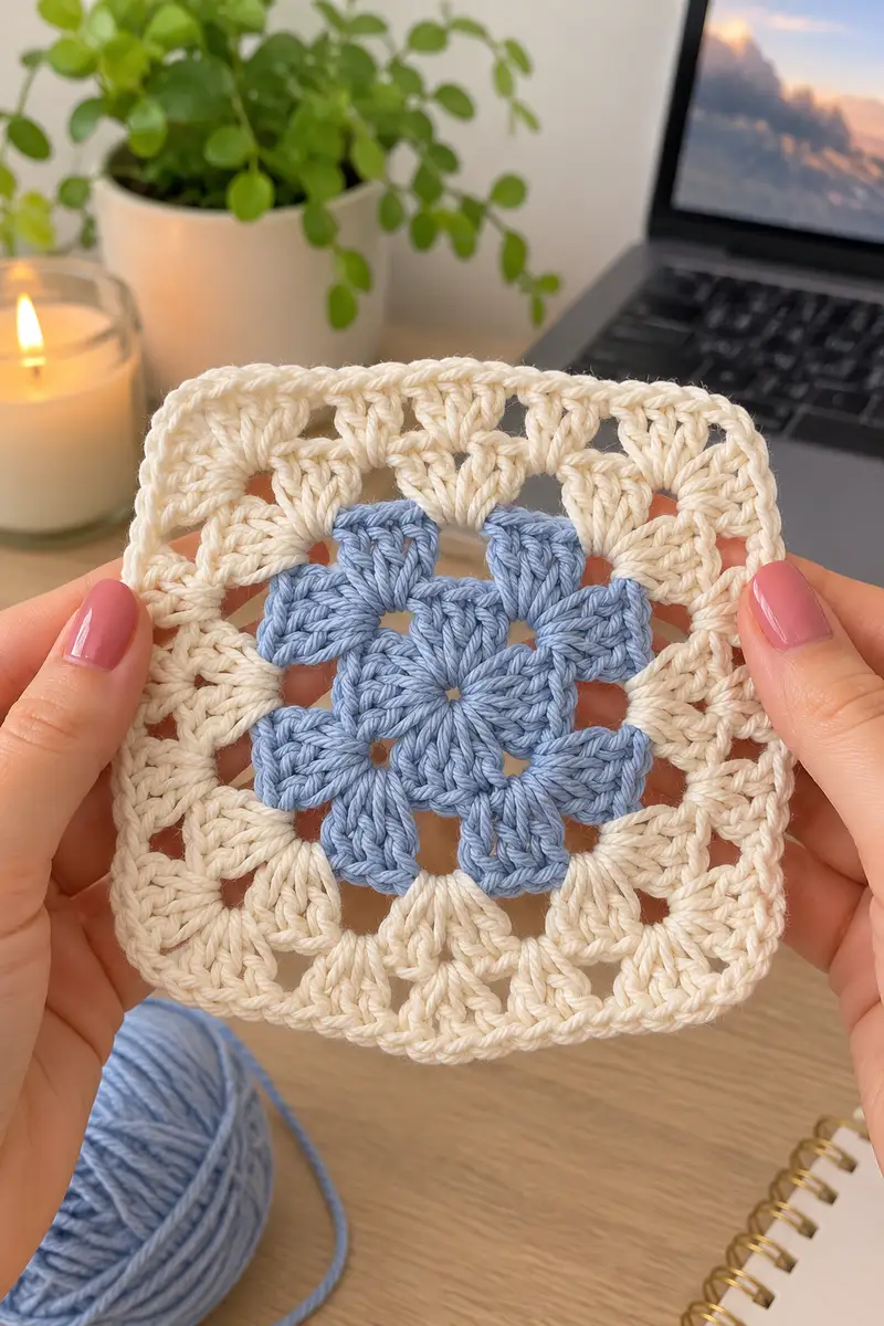 Cozy Blue and Cream Granny Square Pattern crochet pattern - detailed view of completed project