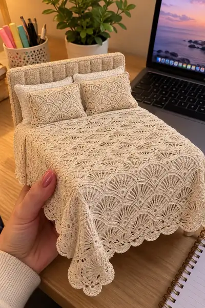 Neutral Boho Fan-Bloc Bedspread & Pillow Set Pattern step 1 - construction progress