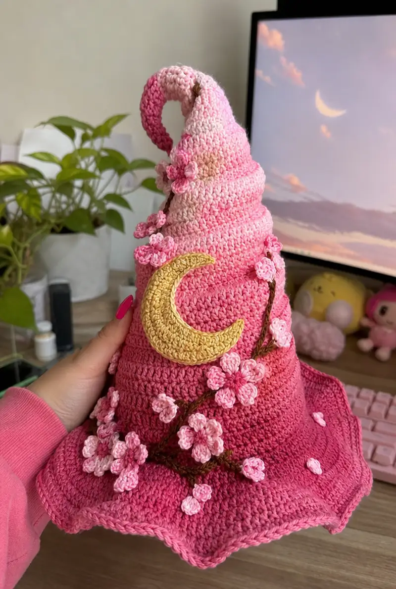 Big Pink Ombre Spiral Witch Hat with Cherry Blossoms and Gold Moon Pattern crochet pattern - detailed view of completed project