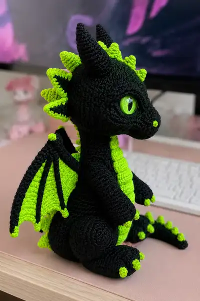 Giant Black and Neon Green Spooky Dragon Amigurumi Pattern step 2 - assembly progress