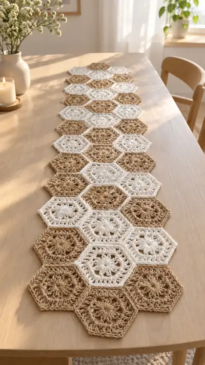 Neutral Hexagon Table Runner Pattern step 1 - construction progress