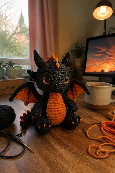 Small Black Demon Dragon with Orange Belly Amigurumi Pattern step 1 - construction progress