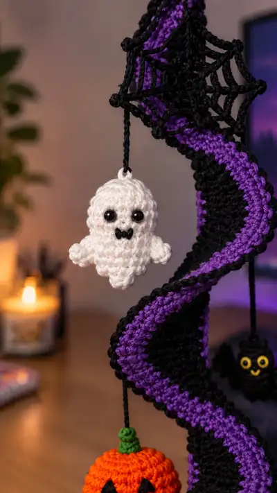 Spooky Spiral Halloween Mobile Pattern step 2 - assembly progress