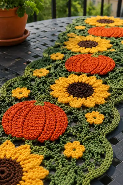 Pumpkin Vine and Sunflower Table Runner Pattern step 2 - assembly progress