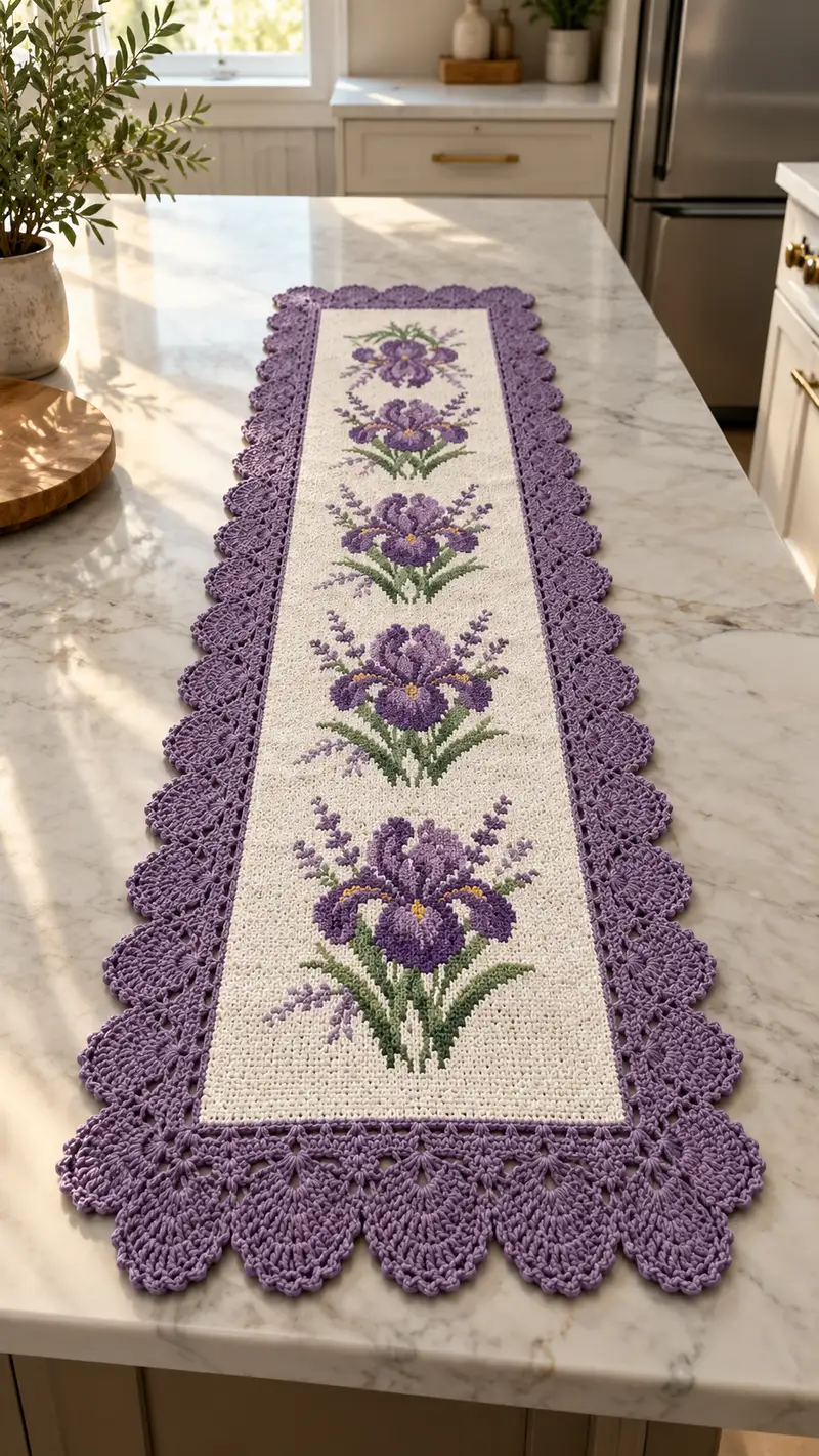 Lavender Iris Table Runner Pattern crochet pattern - detailed view of completed project