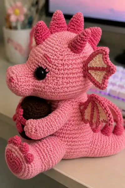 Big Candy Pink Love Dragon Holding a Chocolate Heart Box Amigurumi Pattern step 2 - assembly progress