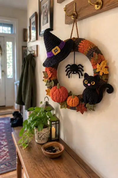 Spooky Wreath with Witch Hat Black Cat and Spider Amigurumi Pattern step 1 - construction progress