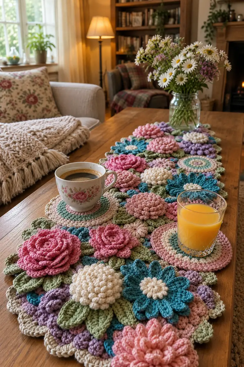 Rose and Coaster Fancy Crochet Table Runner Pattern crochet pattern - detailed view of completed project