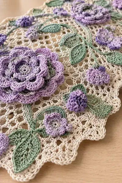 Lavender Garden Floral Lace Table Runner Pattern step 2 - assembly progress
