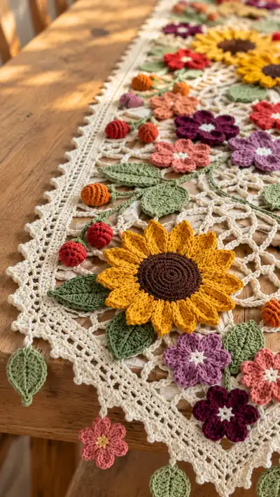 Sunflower & Wildflower Lace Table Runner Pattern step 2 - assembly progress