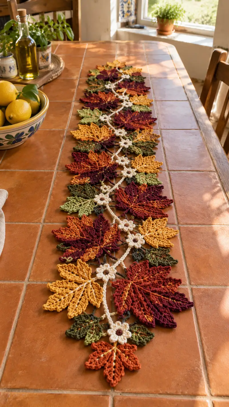 Free crochet pattern: Mustard Burgundy Maple Leaf Table Runner Pattern - Intermediate level tutorial