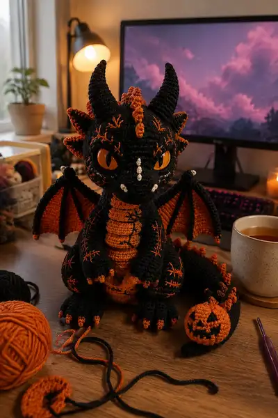 Halloween Spooky Dragon Amigurumi Pattern step 1 - construction progress