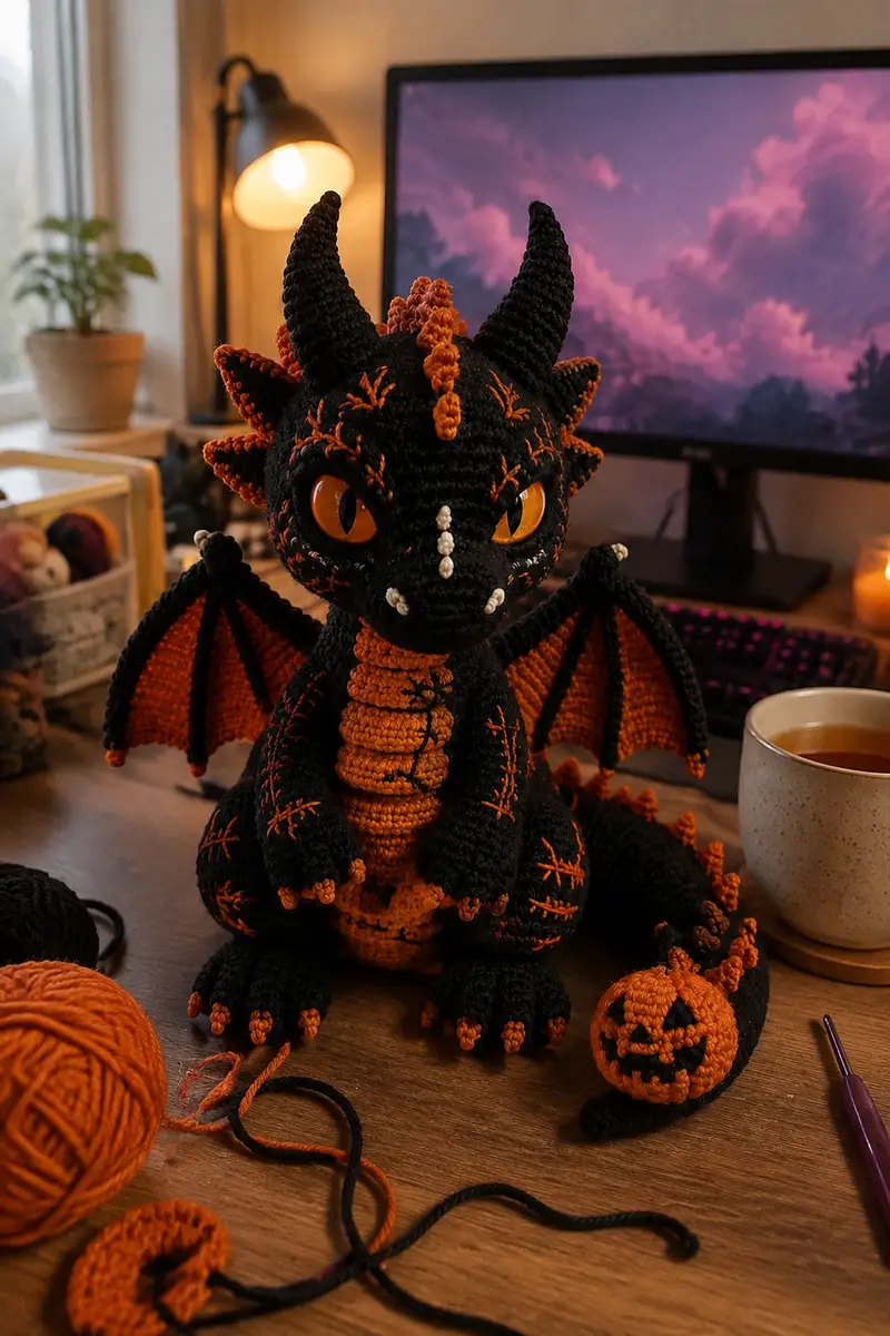 Halloween Spooky Dragon Amigurumi Pattern crochet pattern - detailed view of completed project