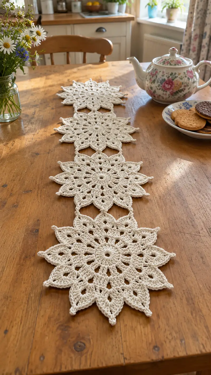 Lace Star Table Runner Pattern crochet pattern - detailed view of completed project